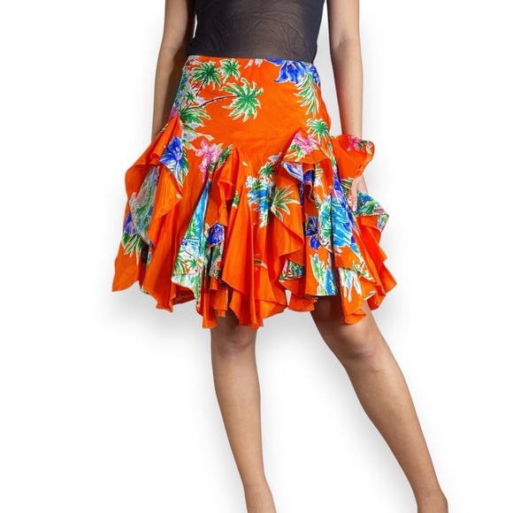 Vintage Ralph Lauren Layered Ruffle 100% Silk Tropical Floral Skirt Size 2 - Picture 10 of 16